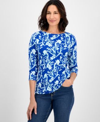 Style & Co - Women's Floral-Print Boat-Neck 3/4-Sleeve Knit Top