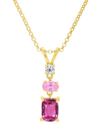 Macy's - Lab Grown Pink Sapphire (1-1/2 ct. t.w.) & Lab Grown White Sapphire (1/6 ct. t.w.) Triple Drop 18" Pendant Necklace in 14k Gold-Plated Sterling Silver