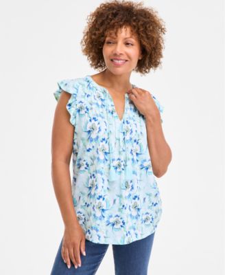 Style & Co - Women's Printed Flutter-Sleeve Pintuck Blouse