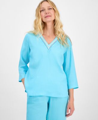 Macy's - Plus Size Linen Bead-Embellished 3/4-Sleeve Top
