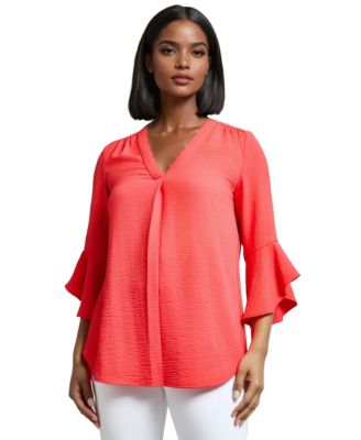 Jones New York - Petite Pleated-Shoulder Ruffle-Cuff 3/4-Sleeve Top