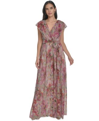 Jessica Howard - Petite Extended-Shoulder Tie-Waist Metallic Gown