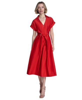 Halston - Women's Zip-Front Cuffed-Sleeve Midi Dress