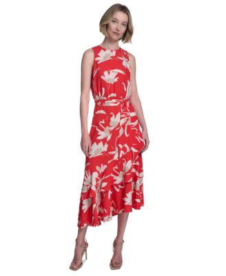 Halston - Women's Belted Tiered Asymmetric-Hem Dress
