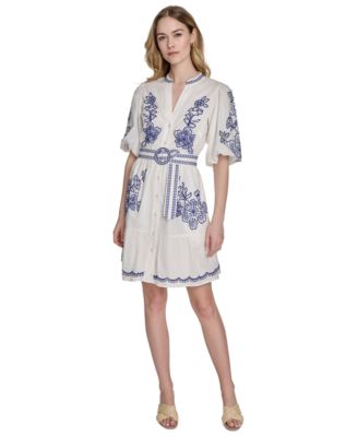 Eliza J - Petite Embroidered Belted Button-Front Cotton Dress