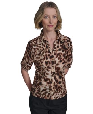Halston - Women's Cotton Printed Elbow-Sleeve Button-Front Blouse
