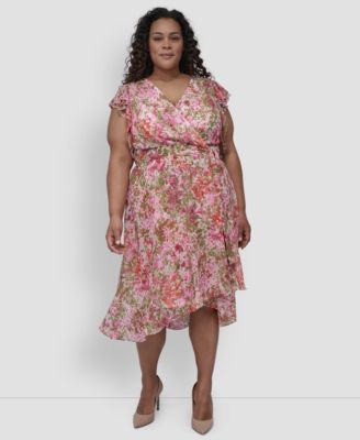 DKNY - Plus Size Flutter-Sleeve Belted High-Low Dress