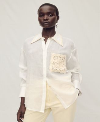 MANGO - Women's Embroidered Pocket Ramie Shirt