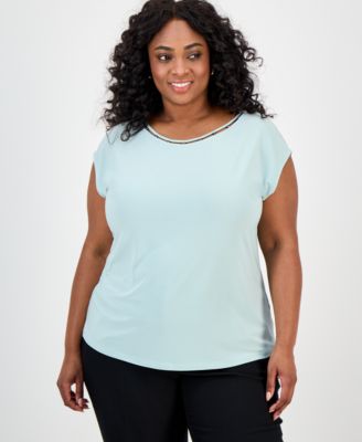 Kasper - Plus Size Beaded-Neckline Short-Sleeve Top