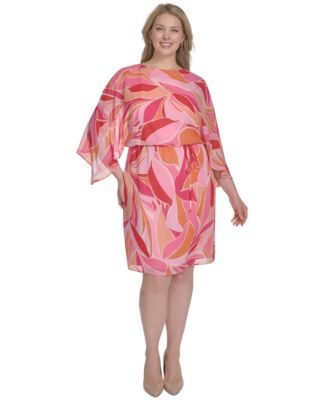 Jessica Howard - Plus Size Printed Chiffon 3/4-Sleeve Blouson Dress