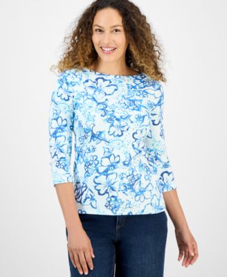 Style & Co - Petite Floral Print Pima Cotton 3/4-Sleeve Top, Exclusively at Macy's