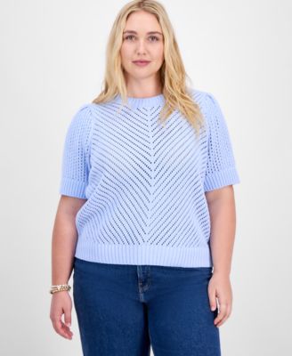 On 34th - Trendy Plus Size Diagonal-Knit Puff-Sleeve Sweater
