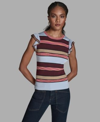 BCBG - Women's Stripe Short Flutter-Sleeve Crewneck Sweater
