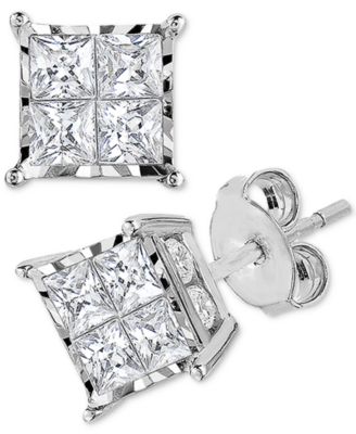 Macy's - &reg; Diamond (1/2, 1 or 2 ct. t.w.) Princess Cluster Stud Earrings in 14k Gold