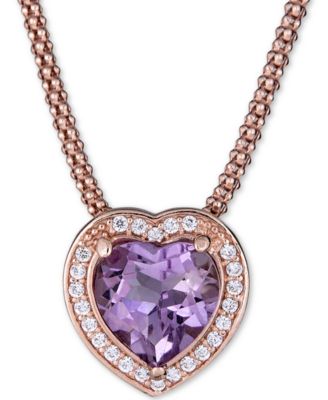 Macy's - Amethyst (2-1/3 ct. t.w.) & White Topaz (1/3 ct. t.w.) Heart 17" Pendant Necklace in 14k Rose Vermeil over Sterling Silver