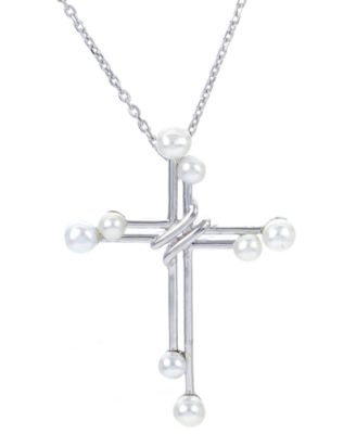 Macy's - Cultured Freshwater Pearl (2 - 3-1/2mm) Double Cross Pendant Necklace in Sterling Silver, 16" + 2" extender
