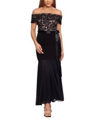 B&A By Betsy and Adam - Petite Lace-Top Off-The-Shoulder Gown