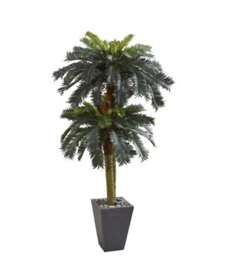 Nearly Natural - 6' Double Sago Palm Artificial Tree in Slate-Finish Planter