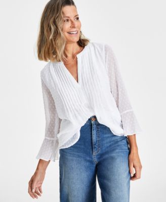 Style & Co - Women's Swiss-Dot Pleated Split-Neck Top