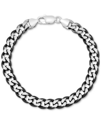 Italian Silver - Men's Curb Link Chain Bracelet in Sterling Silver & Black Ruthenium-Plate