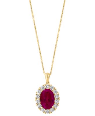 EFFY Collection - Lab Grown Ruby (6-3/4 ct. t.w.) & Lab Grown Diamond (1-3/8 ct. t.w.) Oval Halo 18" Pendant Necklace in 14k Gold
