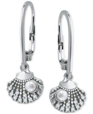Giani Bernini - Freshwater Pearl (3mm) & Cubic Zirconia Shell Leverback Drop Earrings in Sterling Silver