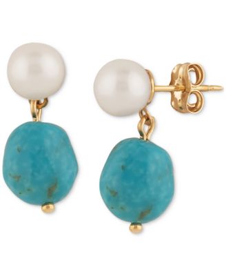 Macy's - Freshwater Pearl (5mm) & Turquoise Drop Earrings in 14k Gold