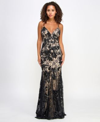 Emerald Sundae - Juniors' Sequin And Lace Embellished Godet Dress