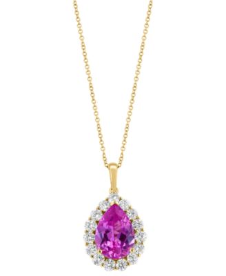 EFFY Collection - Lab Grown Pink Sapphire (5-5/8 ct. t.w) & Lab Grown Diamond (1-1/3 ct. t.w.) Pear Halo 18" Pendant Necklace in 14k Gold