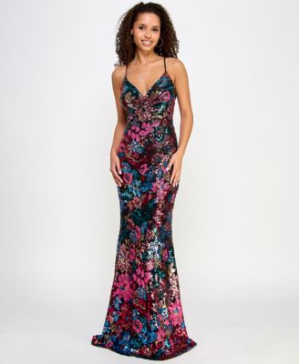 Crystal Doll - Juniors' V-Neck Floral-Sequin Lace-Up-Back Gown