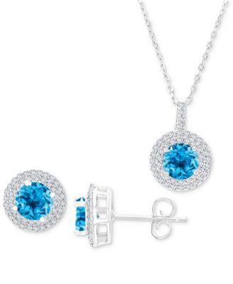 Macy's - 2-Pc. Set Swiss Blue Topaz (3-5/8 ct. t.w.) & Lab-Grown White Sapphire (1 ct. t.w.) Halo Pendant Necklace & Matching Stud Earrings in Sterling Silver