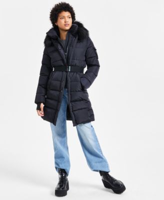 S13 - Women's Chalet Faux-Fur-Trim Hooded Belted Puffer Coat