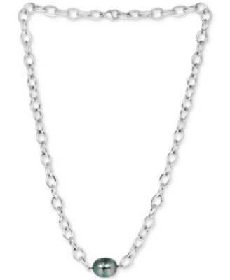 EFFY Collection - Black Tahitian Baroque Pearl (12mm) Oval Link 18" Pendant Necklace in Sterling Silver