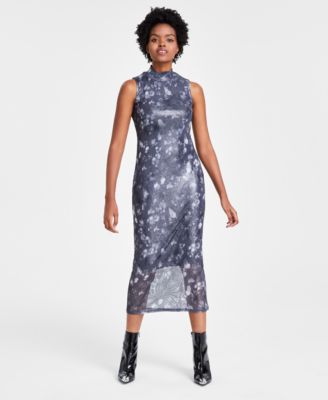 Bar III - Women's Foil Mesh Mock Neck Midi Dress