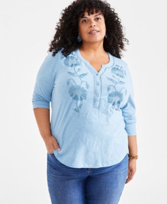 Style & Co - Plus Size Cotton Embroidered Split-Neck 3/4-Sleeve Top