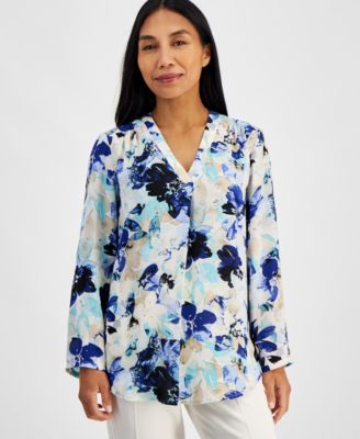 AK Anne Klein - Petite Floral Pleat-Front Roll-Tab Tunic