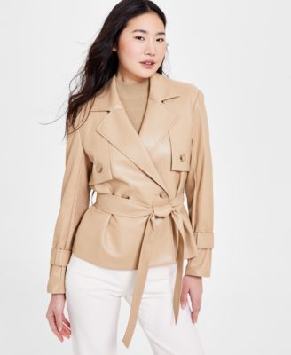 Anne Klein - Petite Belted Crossover Faux-Leather Coat