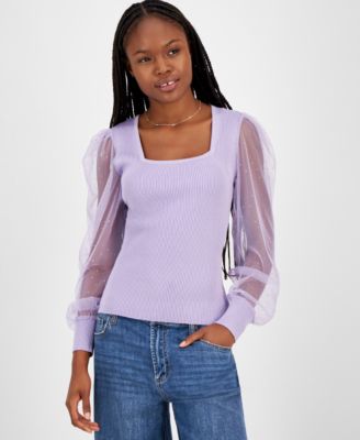 Madden Girl - Juniors' Square-Neck Rhinestone-Sleeve Top