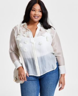 On 34th - Trendy Plus Size Spread-Collar Floral-Trim Long-Sleeve Shirt
