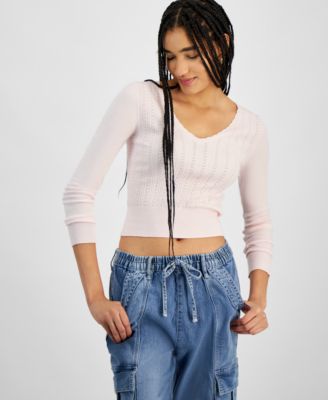 Hooked Up by IOT - Juniors' Pointelle V-Neck Long-Sleeve Sweater