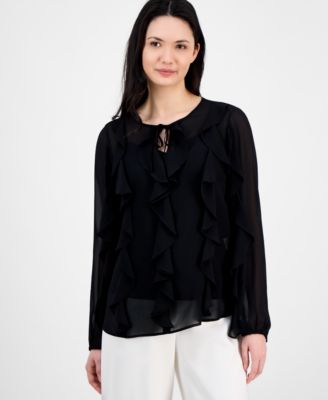 Anne Klein - Women's Ruffled Tie-Neck Blouson-Sleeve Top