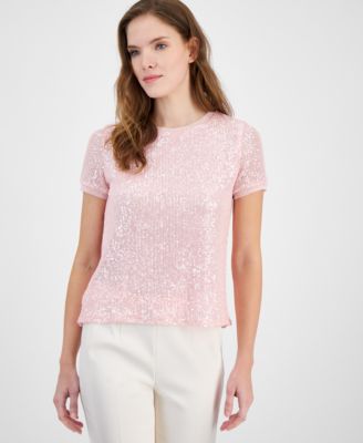 Anne Klein - Petite Crewneck Short-Sleeve Sequin T-Shirt
