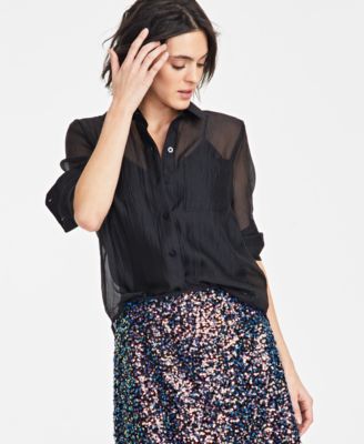 On 34th - Women's Textured Chest-Pocket Heart-Print Blouse