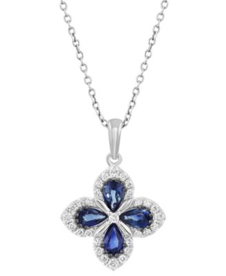 EFFY Collection - Blue Sapphire (7/8 ct. t.w.) & Diamond (1/5 ct. t.w.) Flower Pendant Necklace in 14k White Gold, 18" + XX" extender