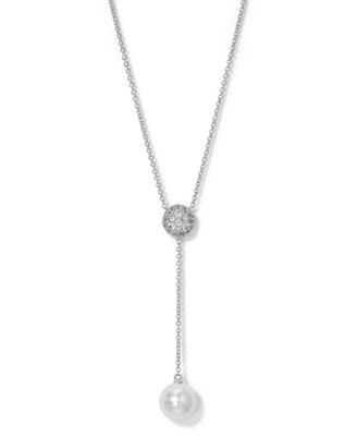 Eliot Danori - Silver-Tone Cubic Zirconia & Imitation Pearl Pav&eacute; Dome Circle Lariat Necklace, 16" + 2" extender