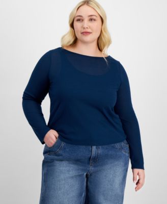 And Now This - Plus Size Solid Boat-Neck Long-Sleeve Layered Top, Exclusively at Macy's