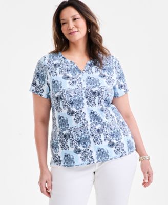 Style & Co - Plus Size Printed Short-Sleeve Henley Top