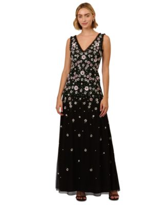 Adrianna Papell - Petite Floral Beaded Mesh Long Ball Gown
