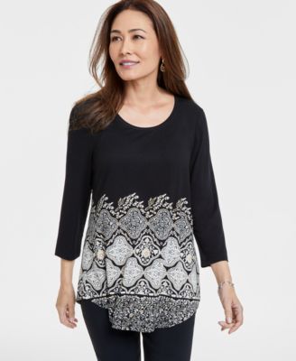 JM Collection - Petite Winding Elegance Printed 3/4-Sleeve Top