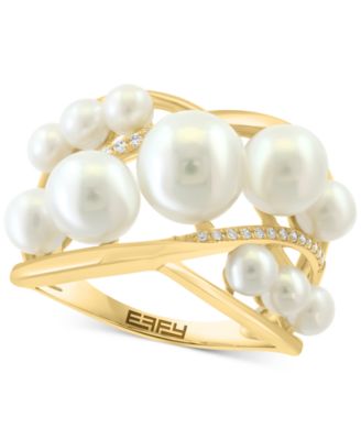 EFFY Collection - Cultured Freshwater Pearl (3-7mm) & Diamond (1/10 ct. t.w.) Openwork Crossover Statement Ring in 14k Gold